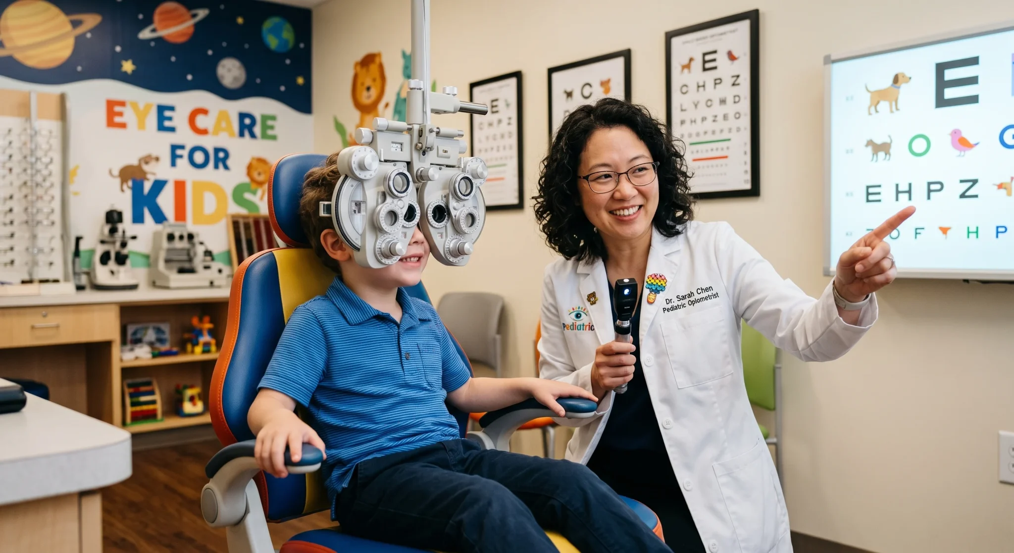 boy getting his eyes tested at the pediatric optometrist