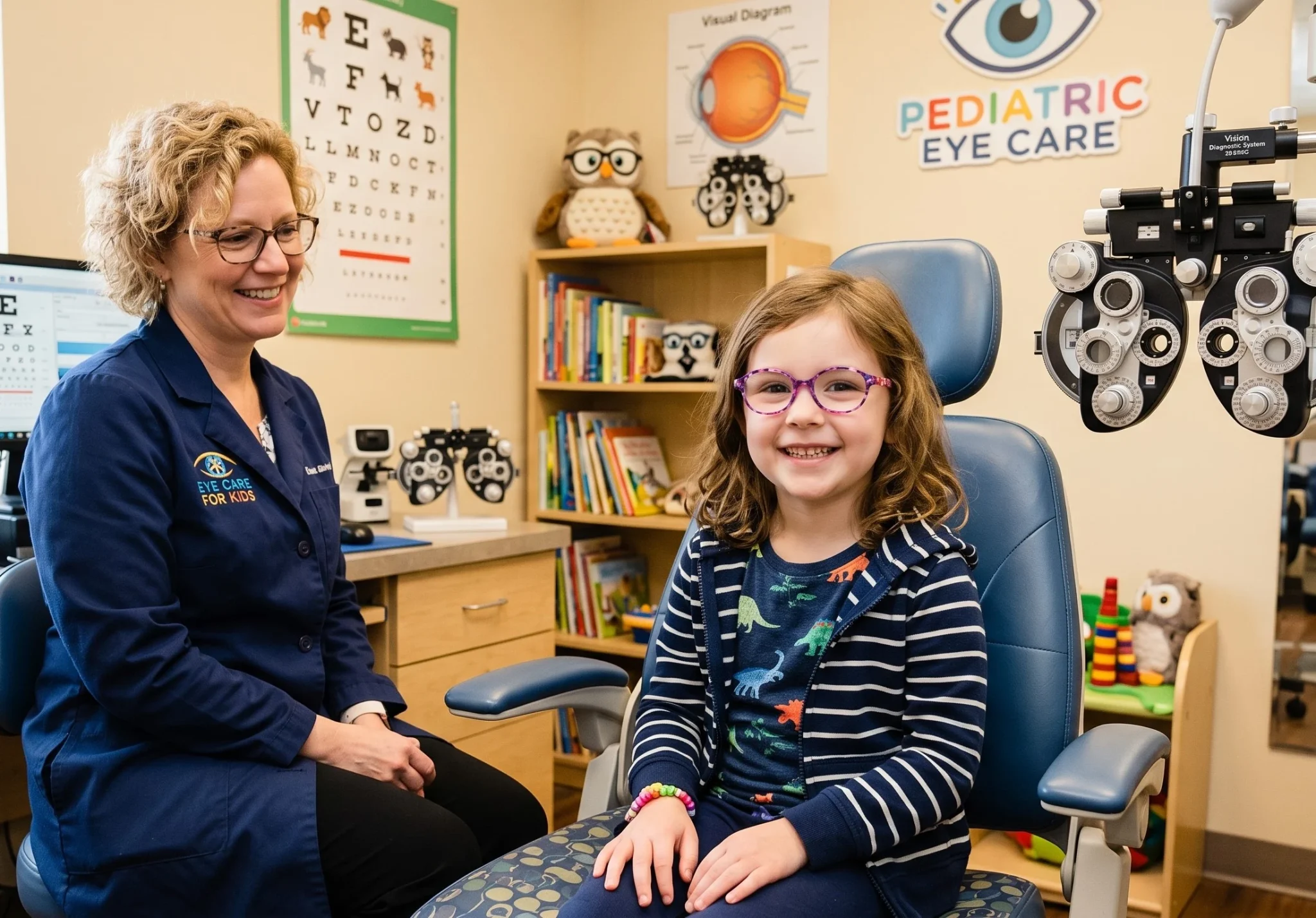 child in a pediatric optometrist room wearing glasses